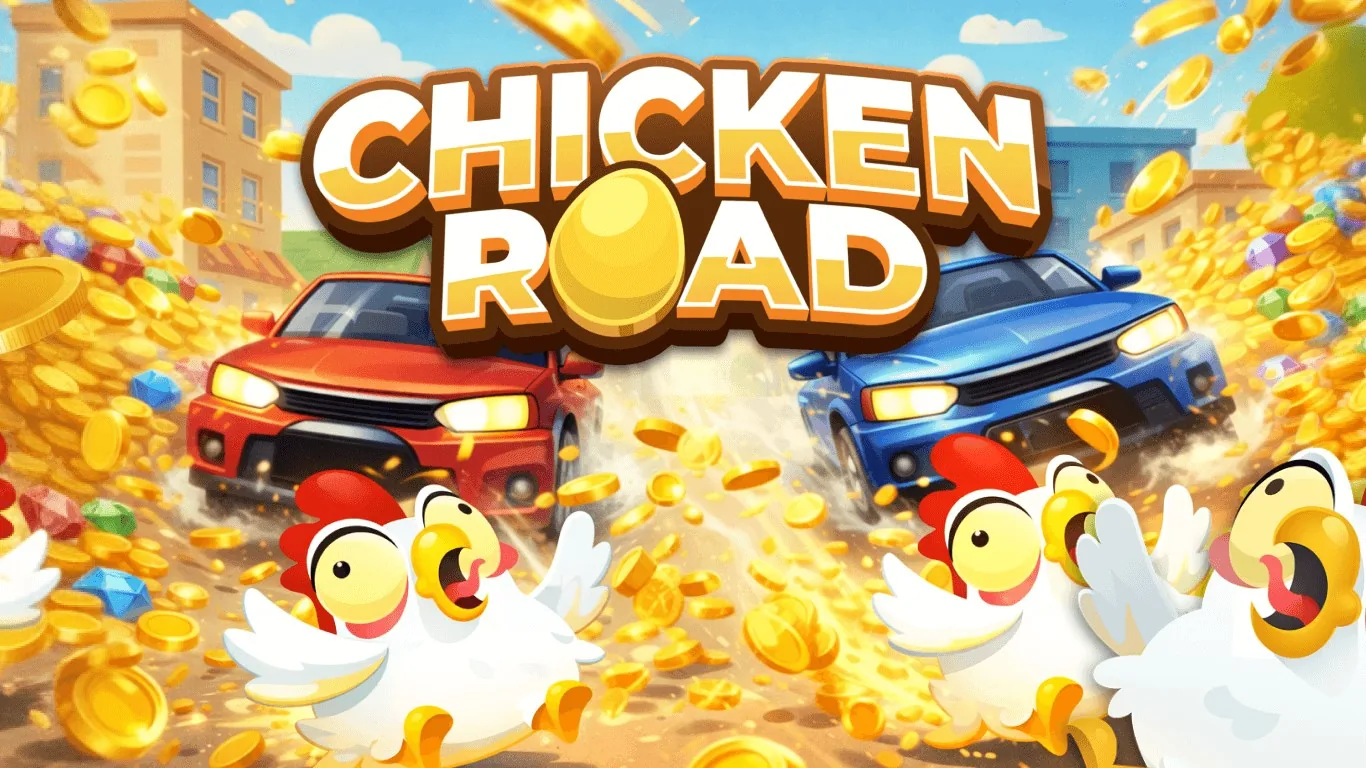 Chicken Road con gallinas, monedas y autos en una escena de juego